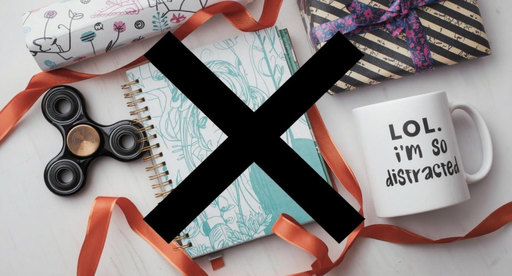 ADHD Gift Guide header showing crossed-out common ADHD gifts llike fidget spinners and mugs